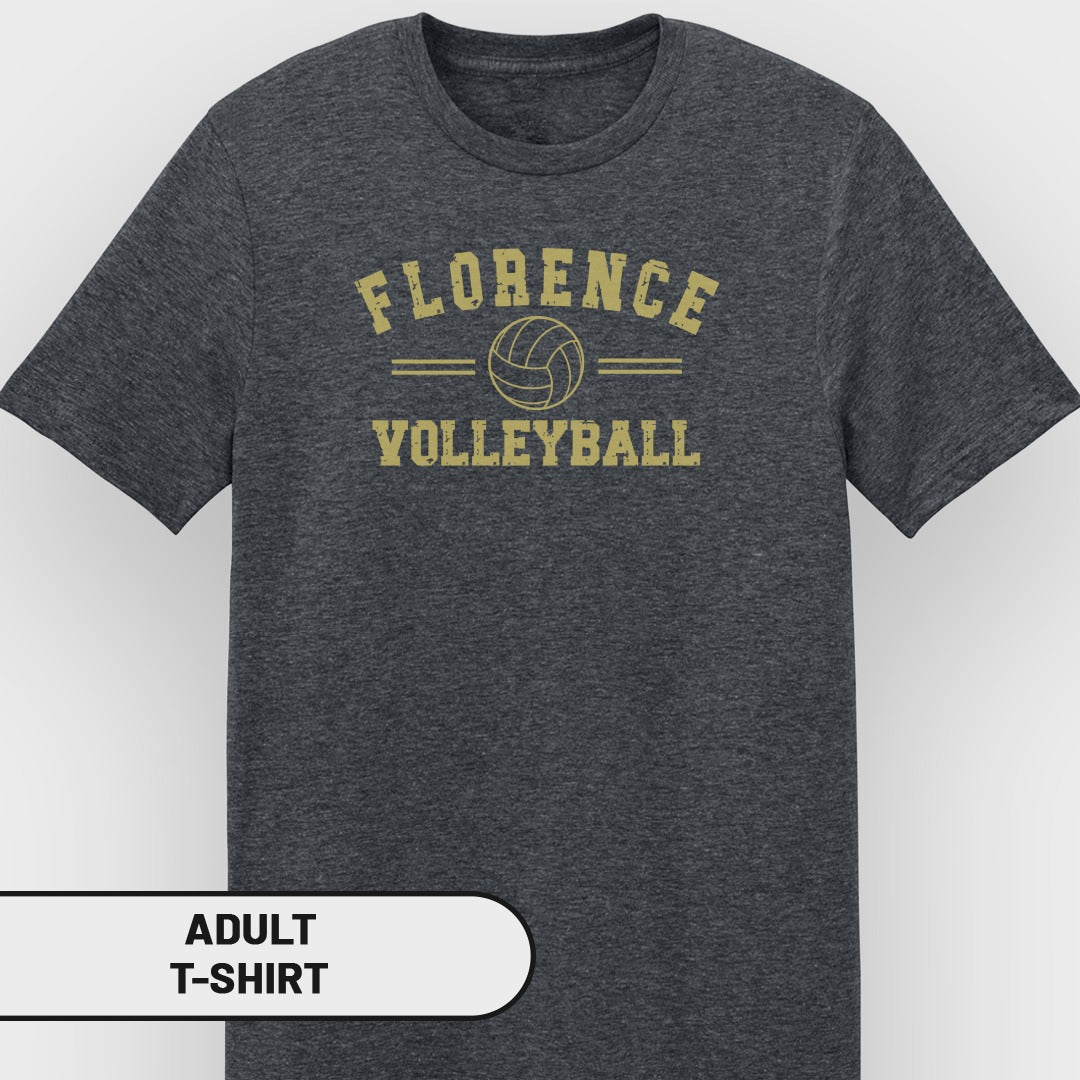 Dark grey t-shirt with "Florence Volleyball" and a volleyball graphic.