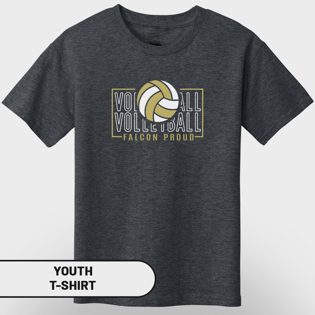 Dark gray youth t-shirt with "VOLLEYBALL FALCON PROUD" and volleyball graphic.