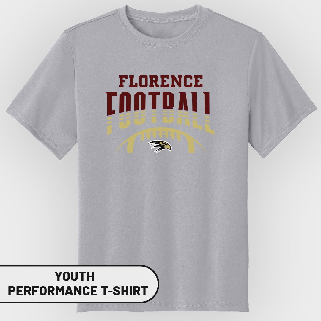 Youth gray performance t-shirt with Florence Football text and eagle graphic.