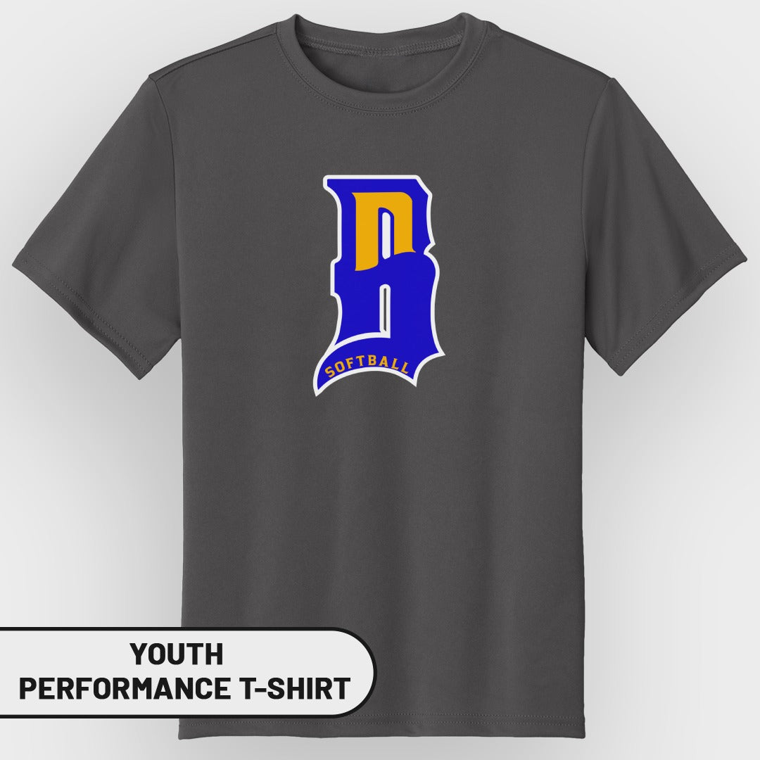 Youth performance t-shirt with a blue and yellow "B" softball logo.