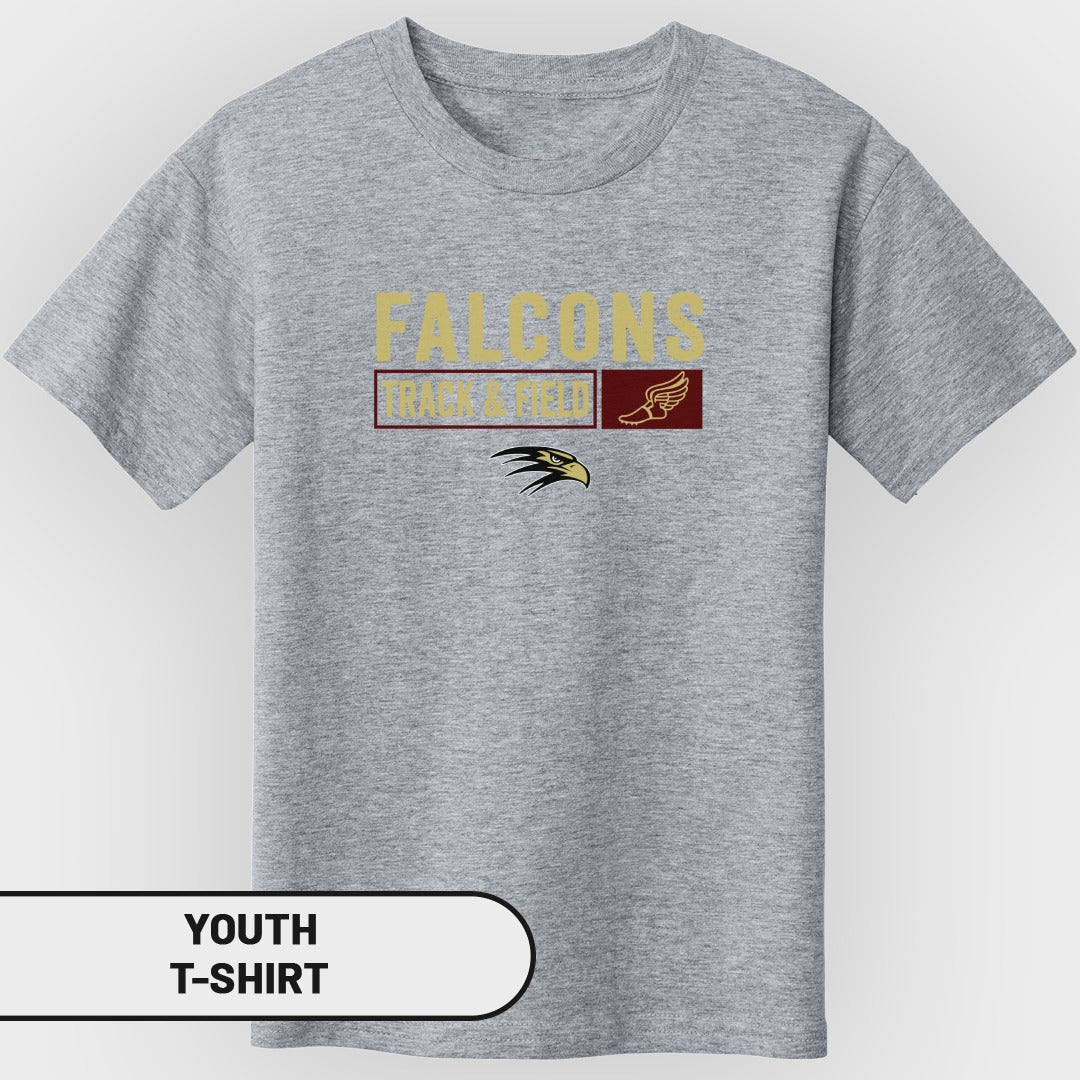 Grey youth t-shirt with "Falcons Track & Field" text and falcon logo.