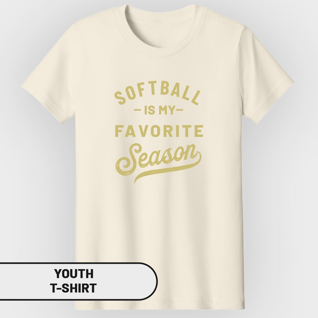Cream youth t-shirt with "Softball is My Favorite Season" graphic.