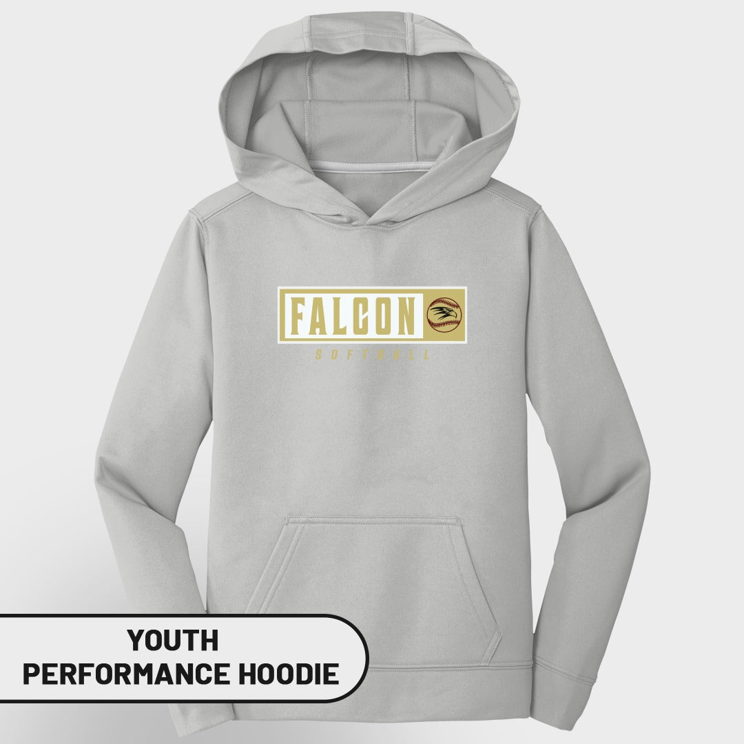 Grey youth performance hoodie with "FALCON SOFTBALL" graphic.