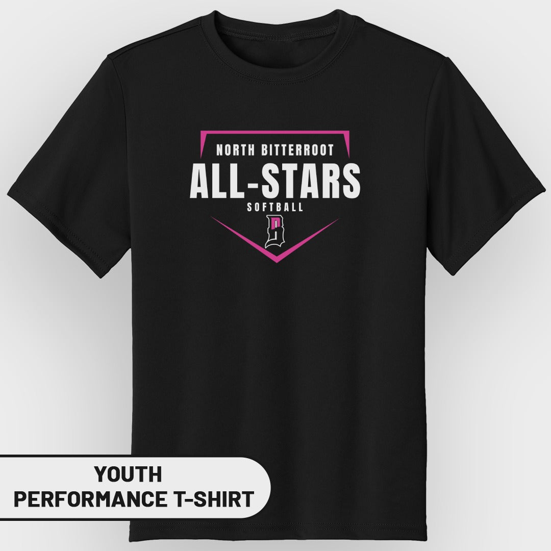Youth North Bitterroot All-Stars Softball performance t-shirt in black.