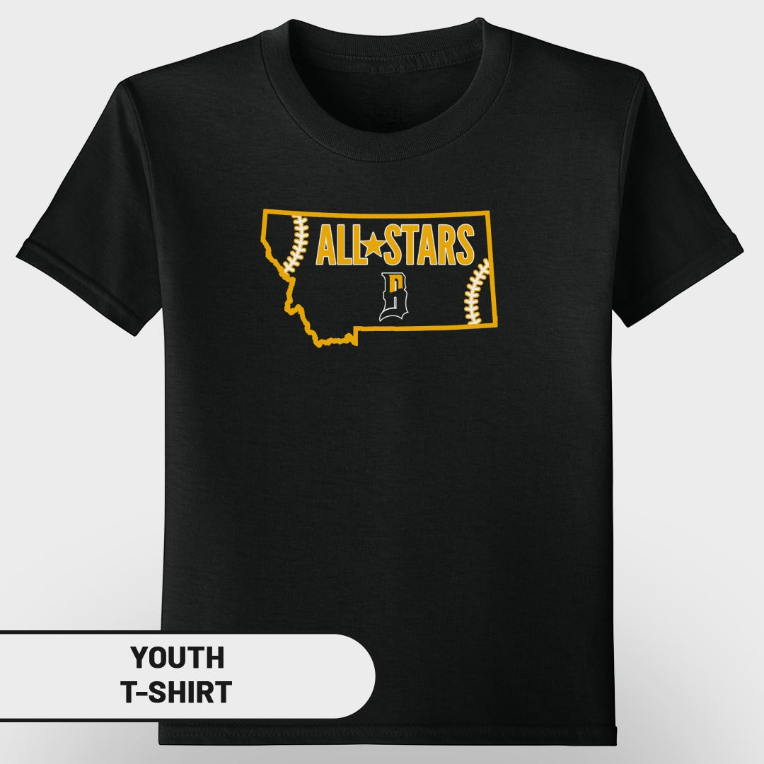 Black youth t-shirt with "ALL STARS" text and a baseball diamond outline.