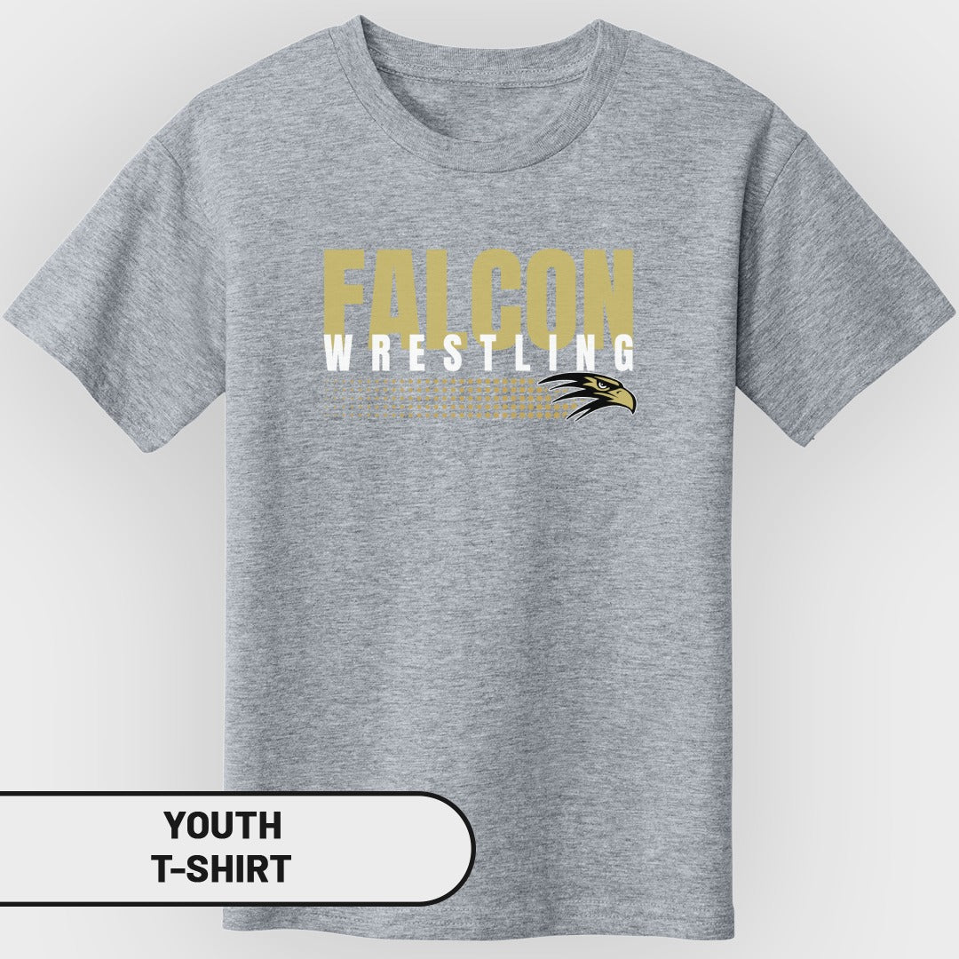 Youth grey t-shirt with gold "FALCON" and "WRESTLING" text and falcon graphic.