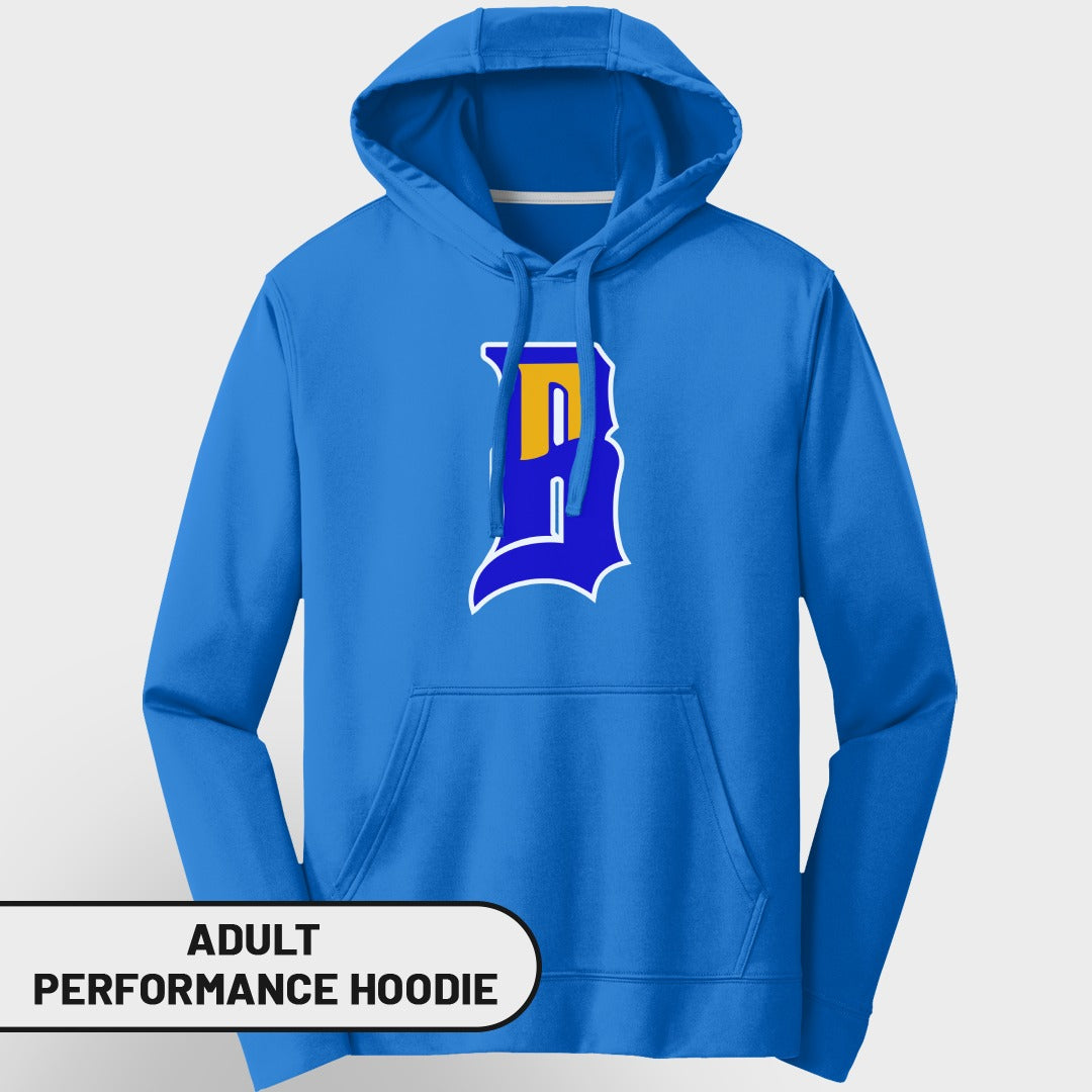 Blue adult performance hoodie with a yellow and white "B" logo.