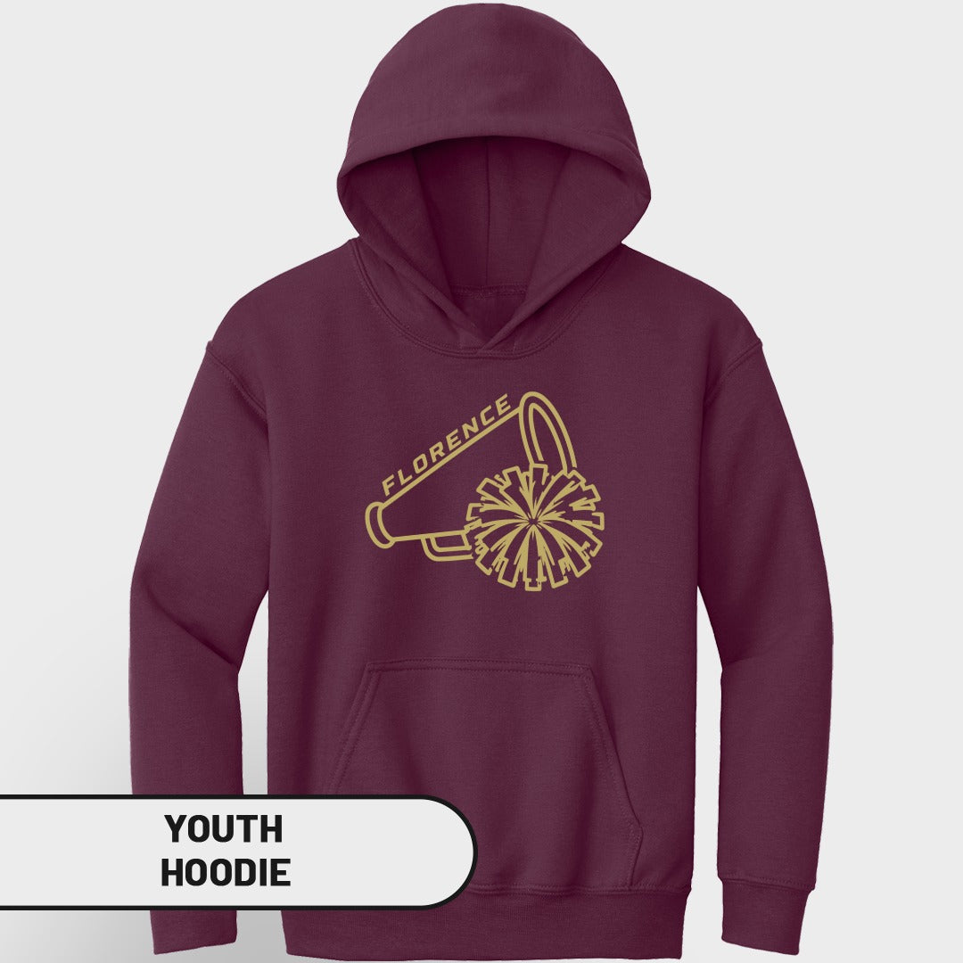 Maroon youth hoodie with gold megaphone and pom-pom graphic and "Florence" text.