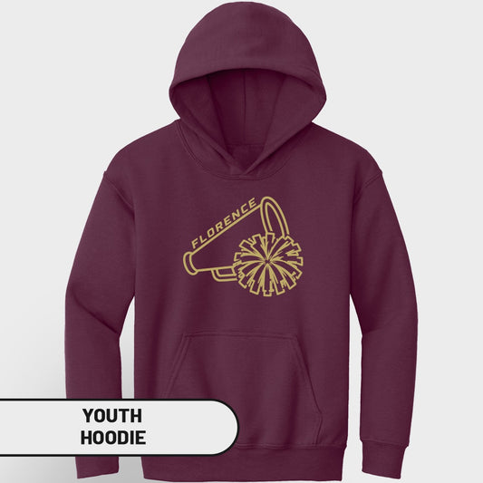 Maroon youth hoodie with gold megaphone and pom-pom graphic and "Florence" text.