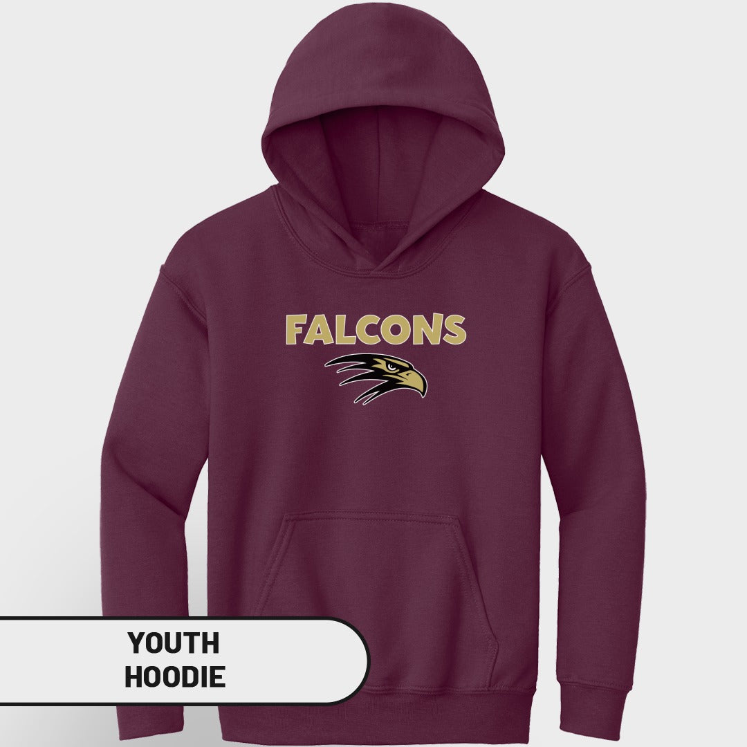 Maroon youth hoodie with "FALCONS" text and eagle logo.
