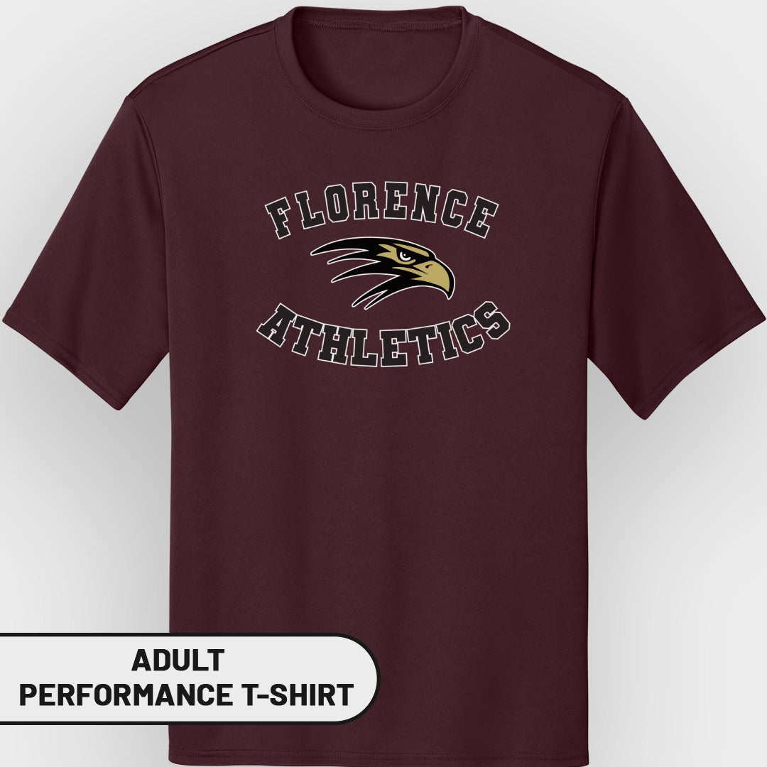 Maroon adult performance t-shirt with Florence Athletics eagle logo and text.