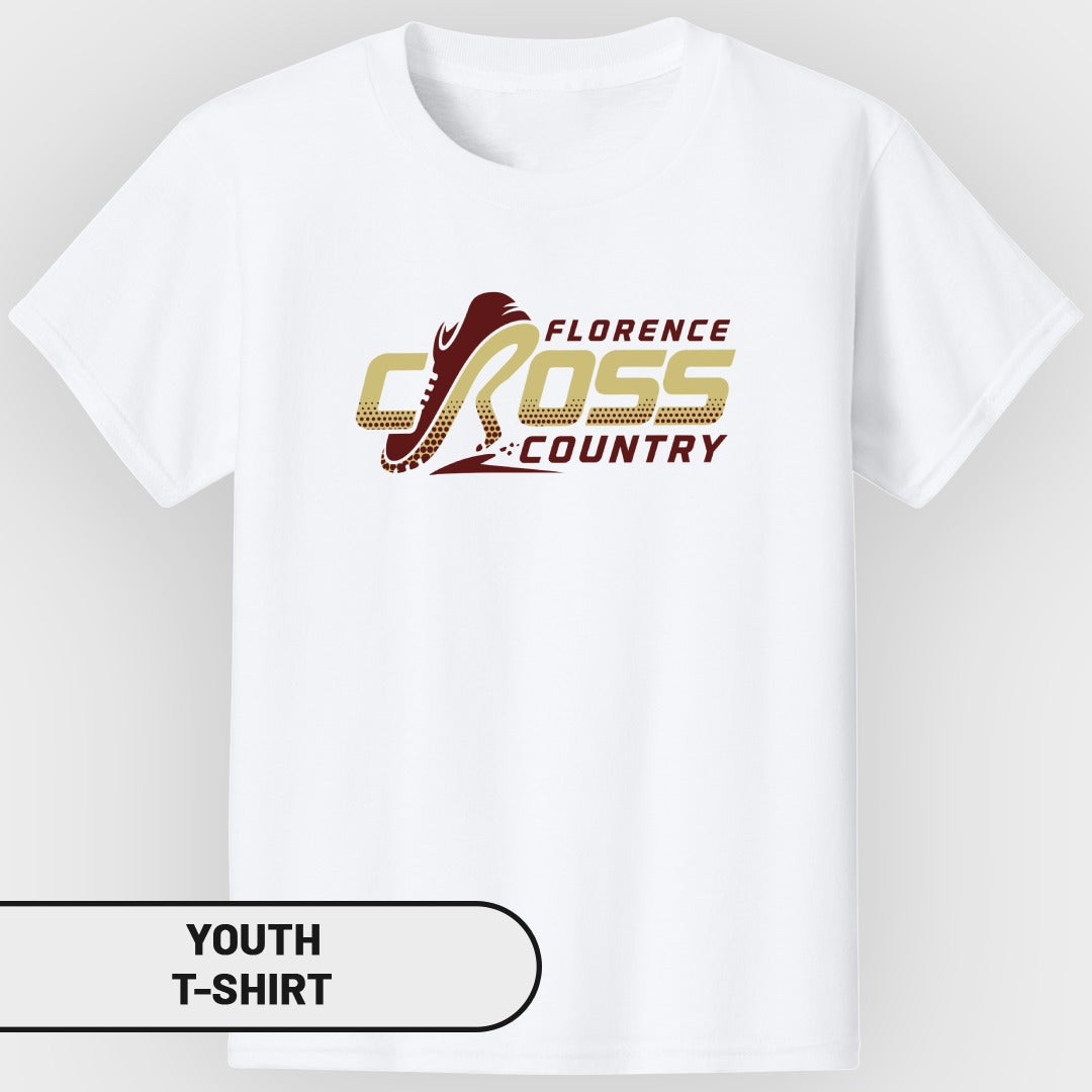 White youth t-shirt with "Florence CROSS COUNTRY" text and a running shoe graphic.