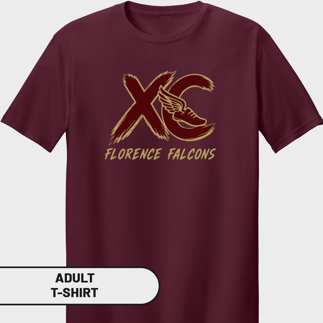 Maroon t-shirt with gold "XC" logo and "Florence Falcons" text.