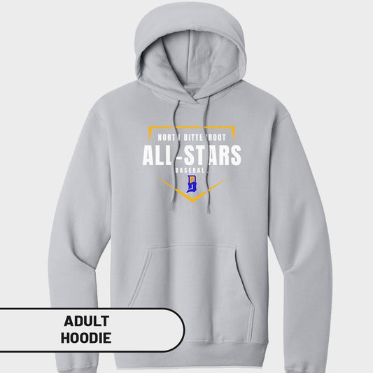 Grey adult hoodie with "North Butte Root All-Stars Baseball" text and a yellow and blue 'B' logo.