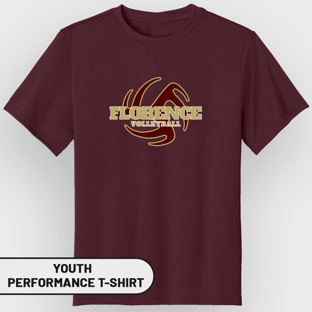 Maroon youth performance t-shirt with "Florence Volleyball" graphic and stylized volleyball.