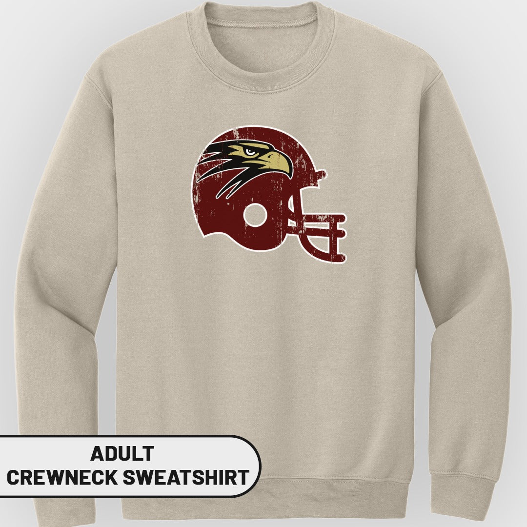 Tan adult crewneck sweatshirt with distressed maroon and gold eagle helmet graphic.