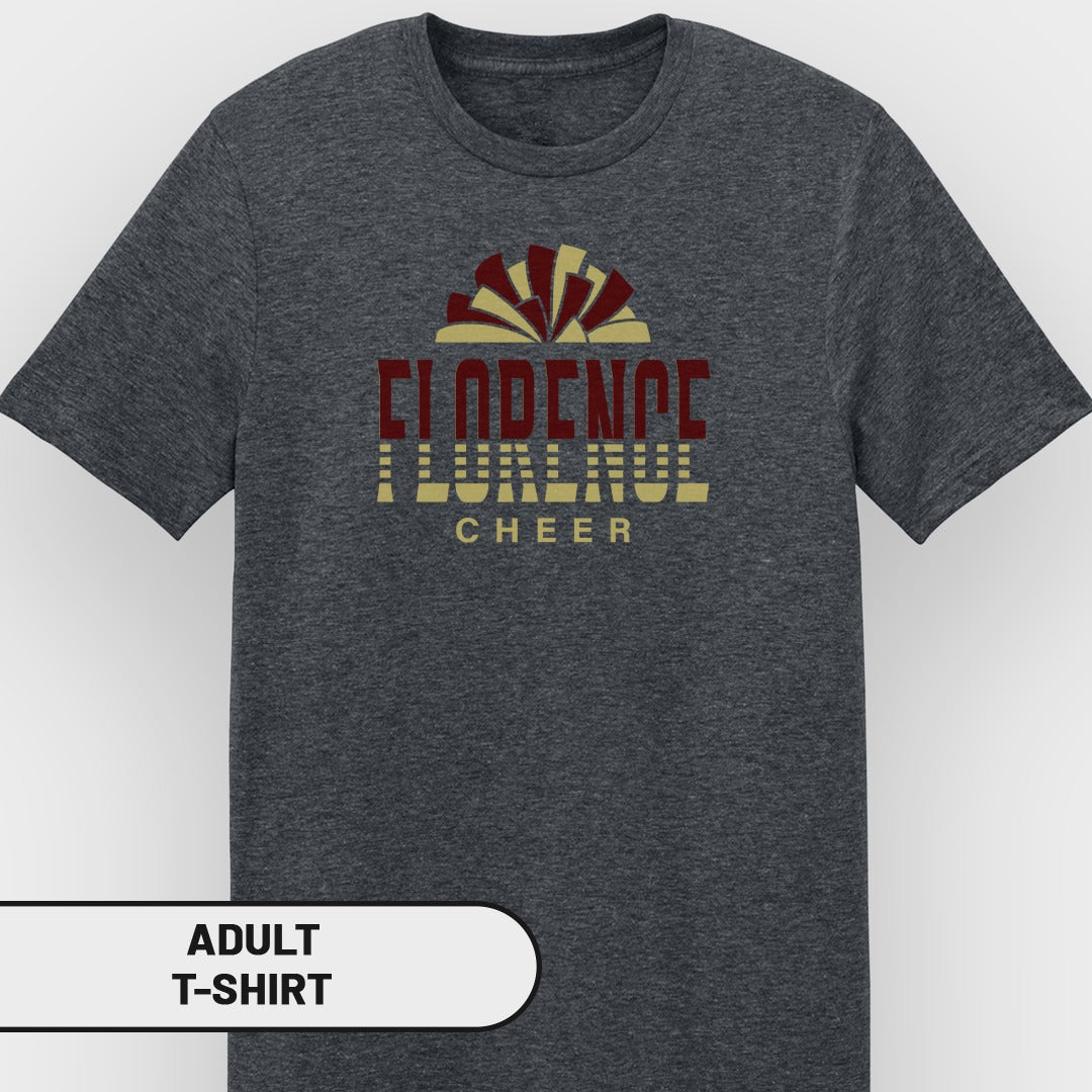 Adult t-shirt with "FLORENCE CHEER" text and a fan graphic.