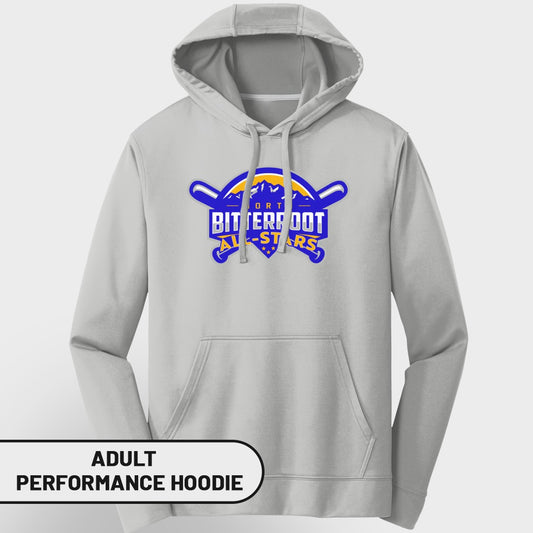 Gray adult performance hoodie with "Bitterroot All-Stars" logo.