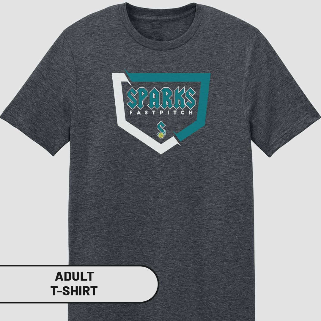 Dark grey adult t-shirt with "SPARKS FASTPITCH" and a teal and white logo.