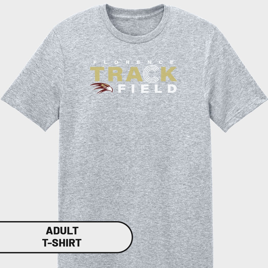 Grey adult t-shirt with Florence Track Field text and eagle graphic.