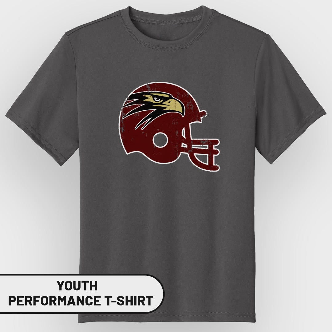 Dark gray youth performance t-shirt with distressed eagle and helmet graphic.