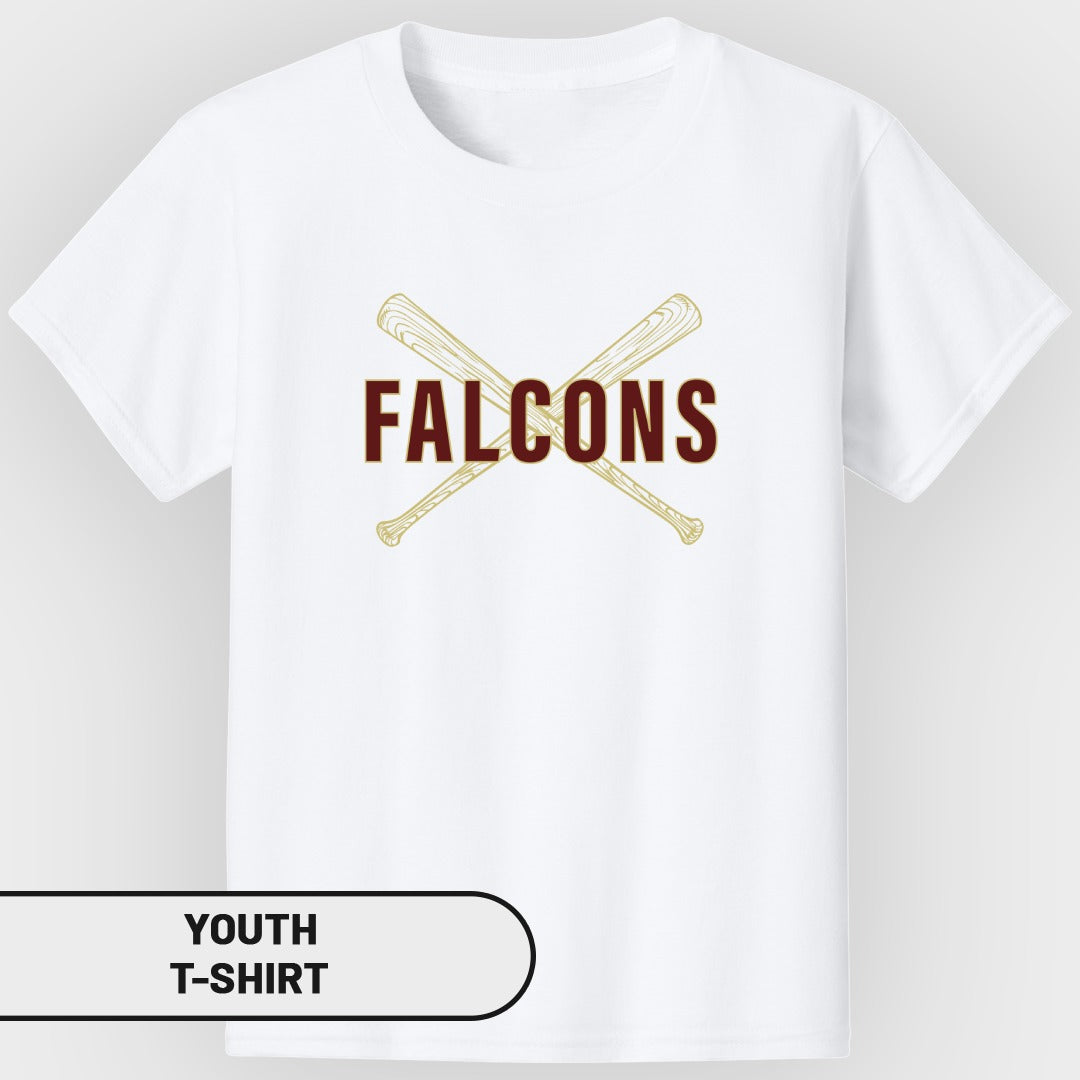 White youth t-shirt with crossed baseball bats and "FALCONS" text.