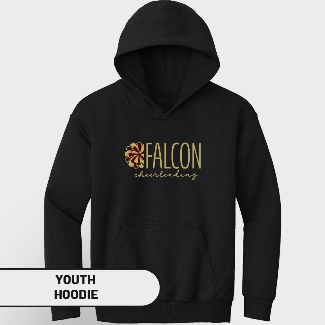 Black youth hoodie with "FALCON cheerleading" gold text and graphic.