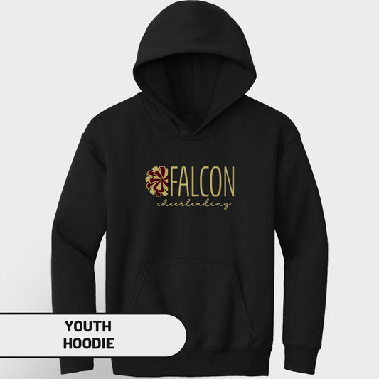 Black youth hoodie with "FALCON cheerleading" gold text and graphic.