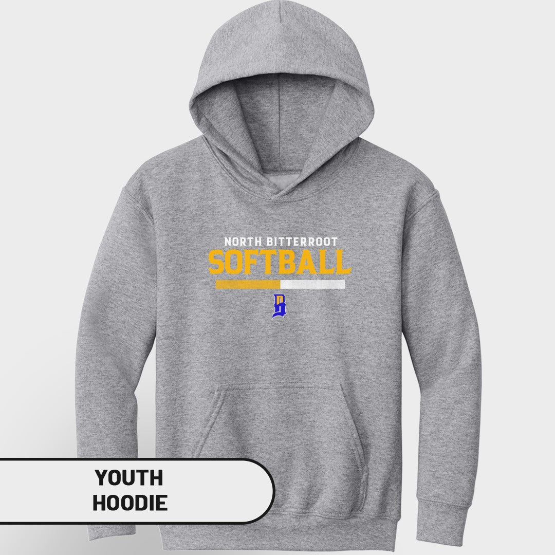 Gray youth hoodie with "NORTH BITTERROOT SOFTBALL" and a blue "D" logo.