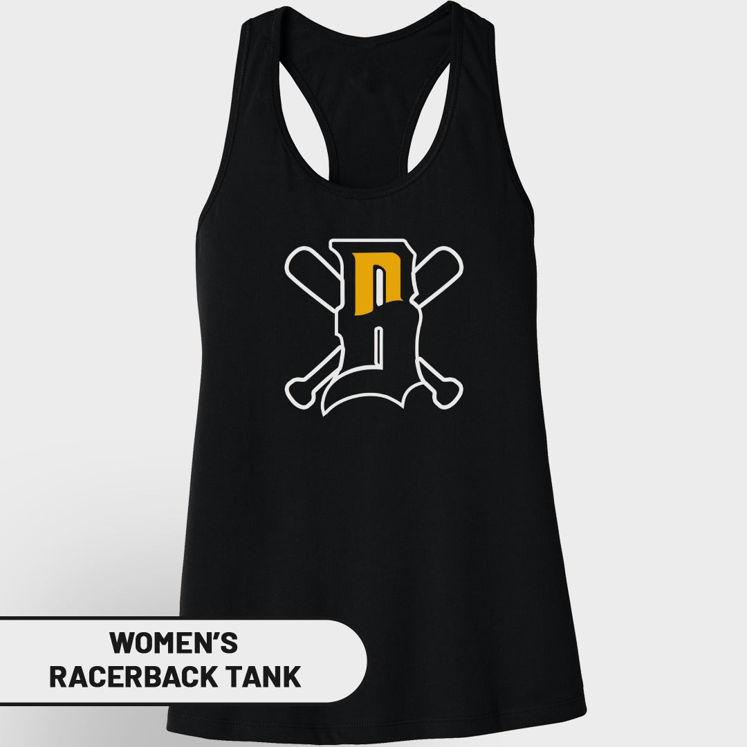 Black women's racerback tank with white and yellow baseball bat logo.
