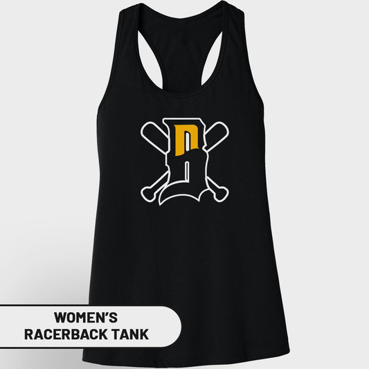 Black women's racerback tank with white and yellow baseball bat logo.