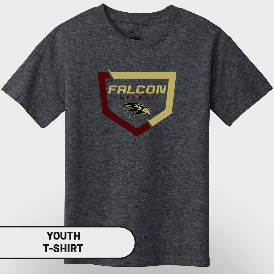Youth t-shirt with "FALCON SOFTBALL" logo and a falcon head.