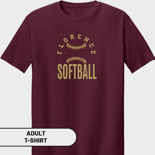 Maroon adult t-shirt with "Florence" and "Softball" text and softball graphics.