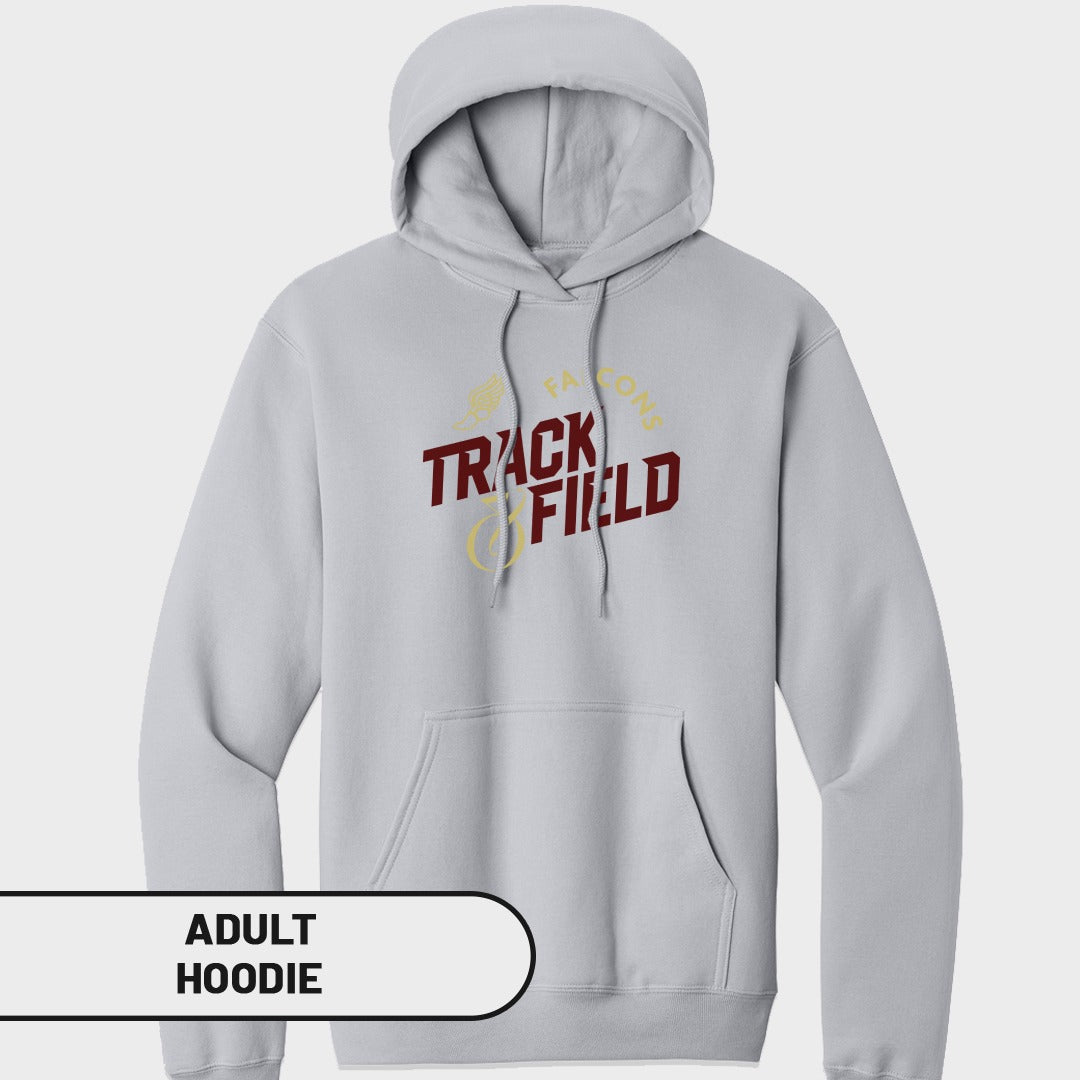 Light grey adult hoodie with "TRACK FIELD" and "FALCONS" text and graphic.
