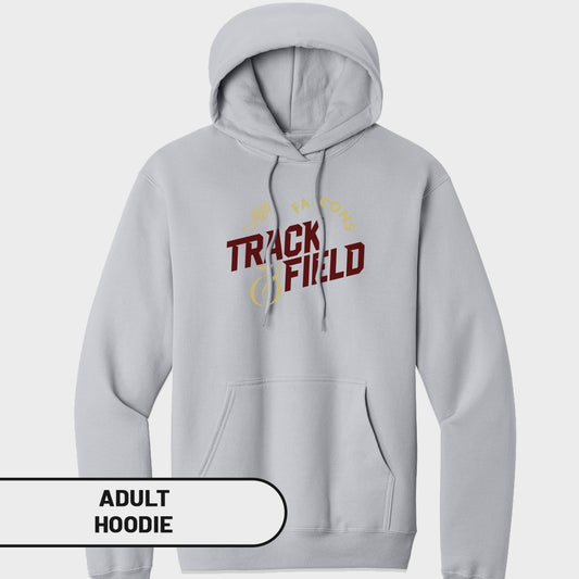 Light grey adult hoodie with "TRACK FIELD" and "FALCONS" text and graphic.