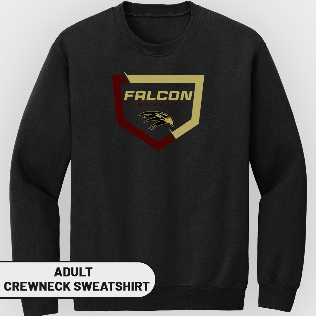 Black adult crewneck sweatshirt with Falcon Softball shield logo and eagle head graphic.