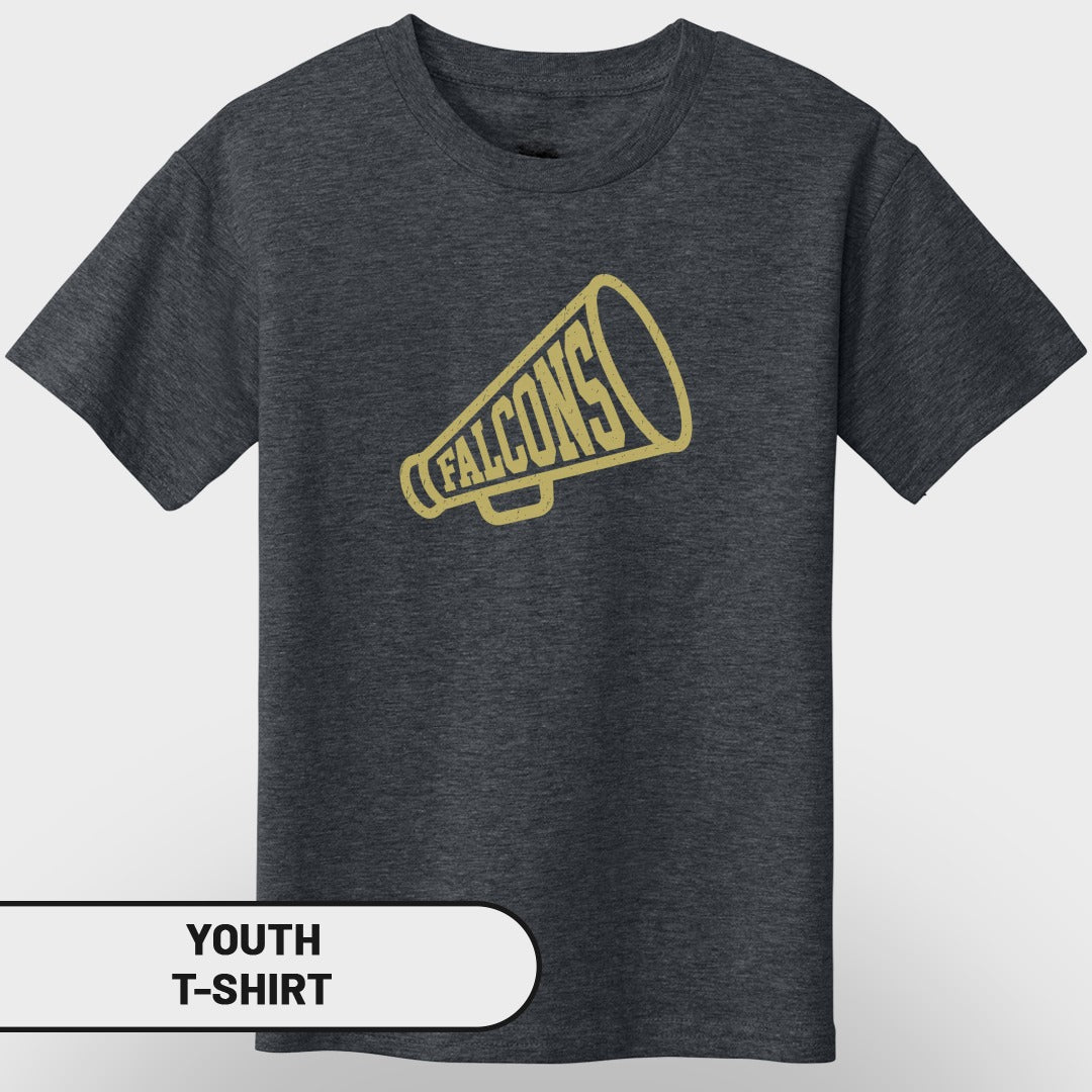 Youth dark grey t-shirt with gold megaphone graphic and "FALCONS" text