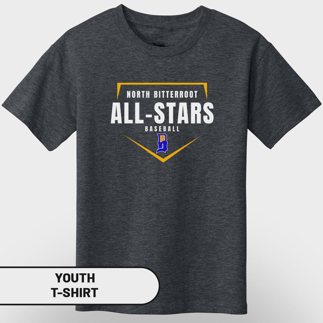 Dark gray youth t-shirt with "North Bitteroot All-Stars Baseball" text and a shield logo.