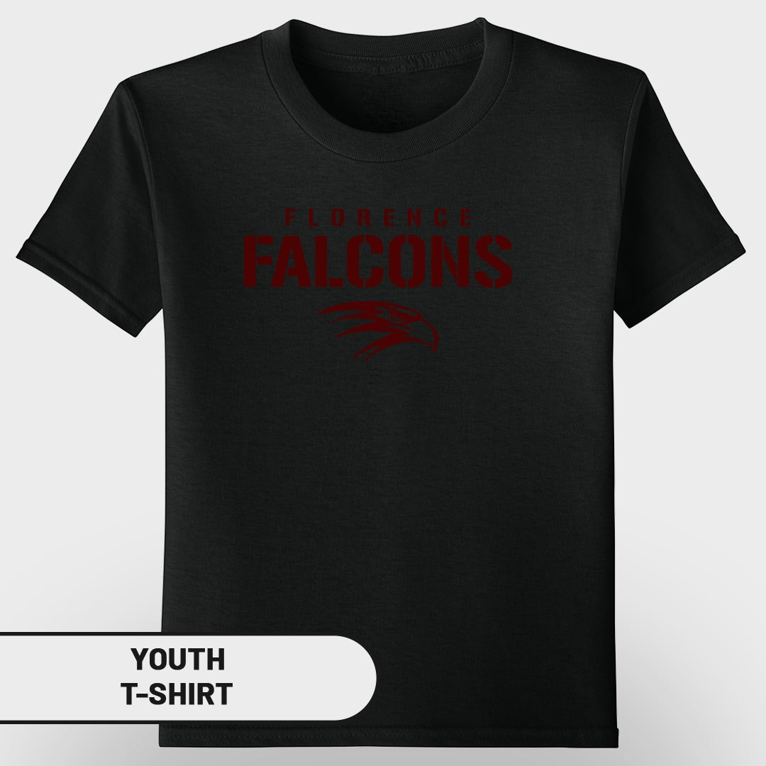Black youth t-shirt with "Florence Falcons" and falcon logo in maroon.