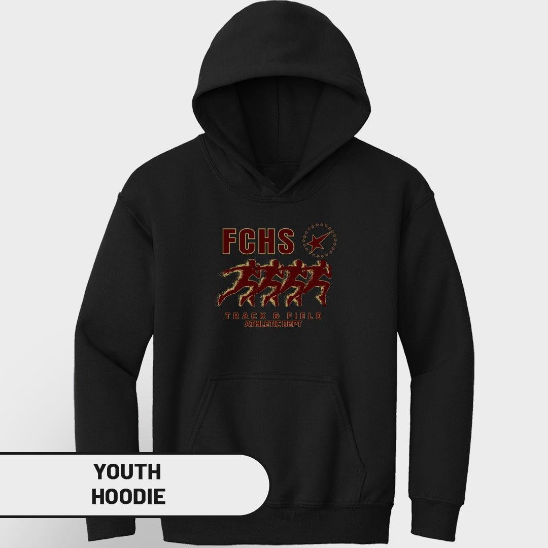 Black youth hoodie with FCHS Track & Field Athletic Dept graphic.