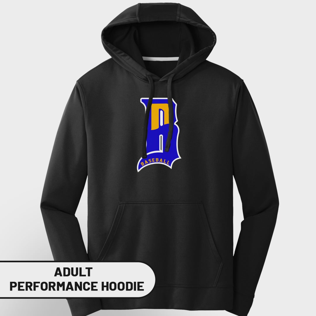 Black adult performance hoodie with a blue and yellow "B" baseball logo.