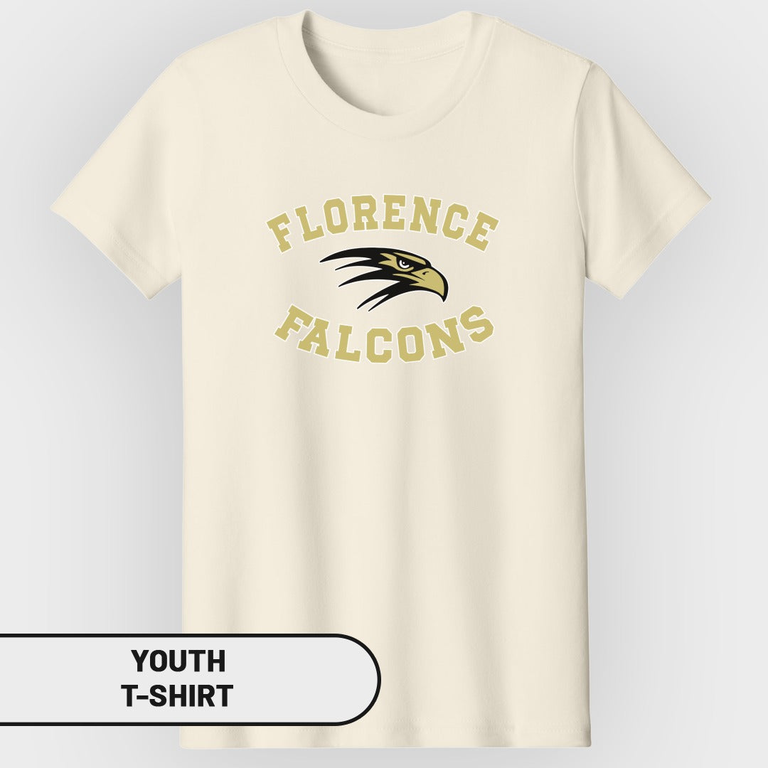 Cream youth t-shirt with "Florence Falcons" text and a falcon graphic.
