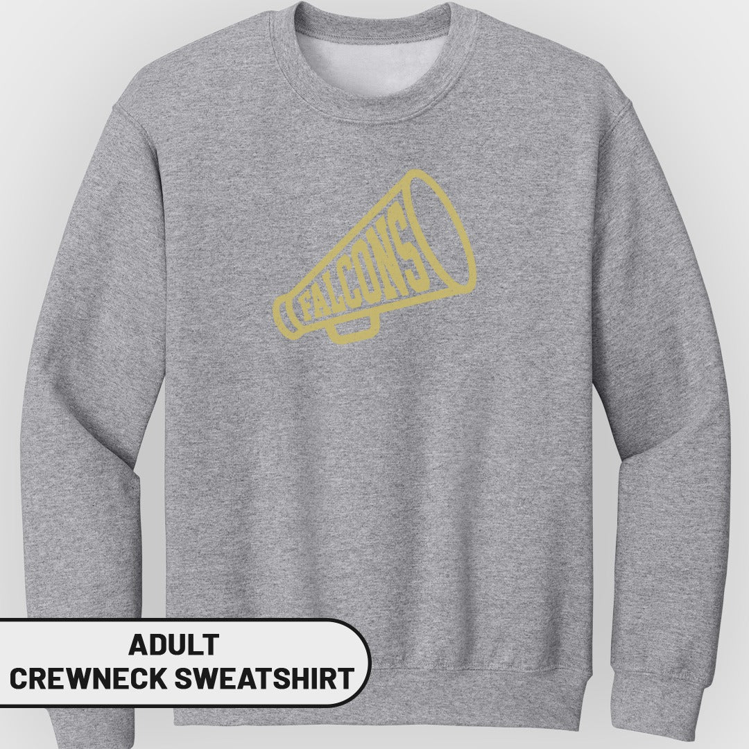 Gray adult crewneck sweatshirt with a gold megaphone graphic that reads "FALCONS".