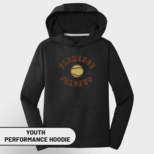 Black youth performance hoodie with "Florence Falcons" text and baseball graphic.
