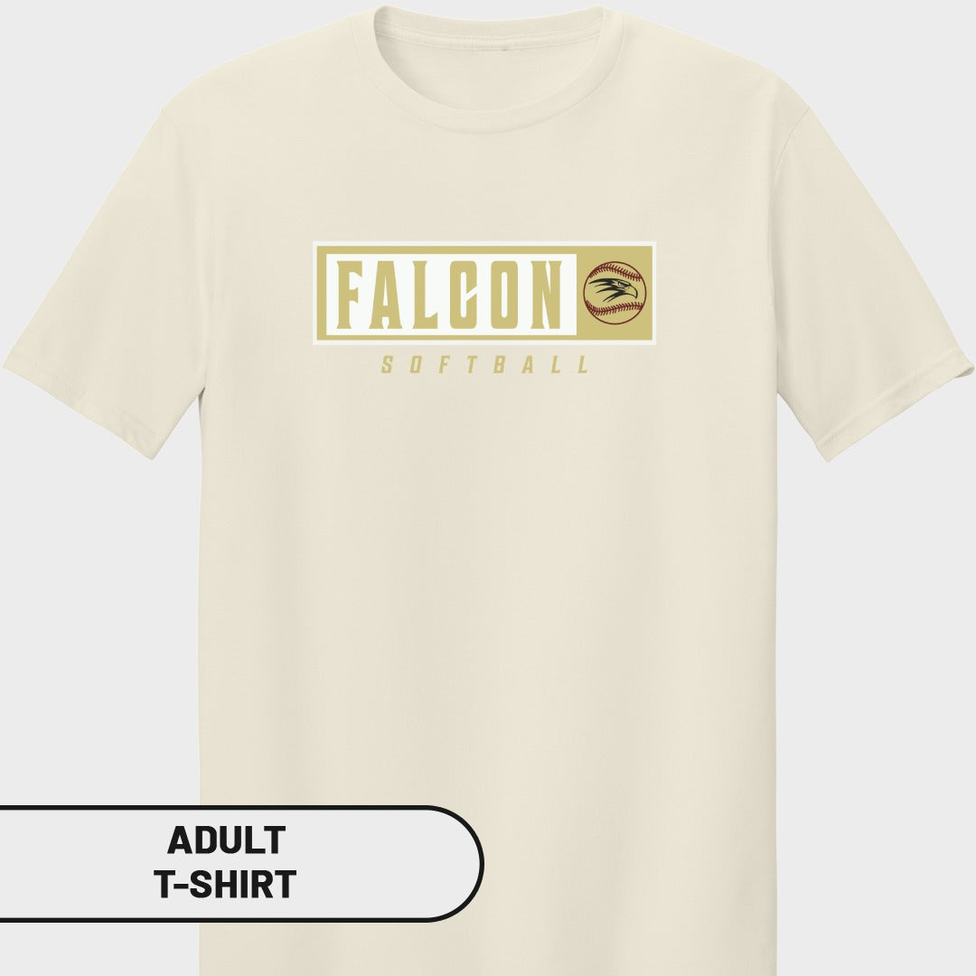 Cream t-shirt with "FALCON SOFTBALL" text and a falcon and baseball graphic.