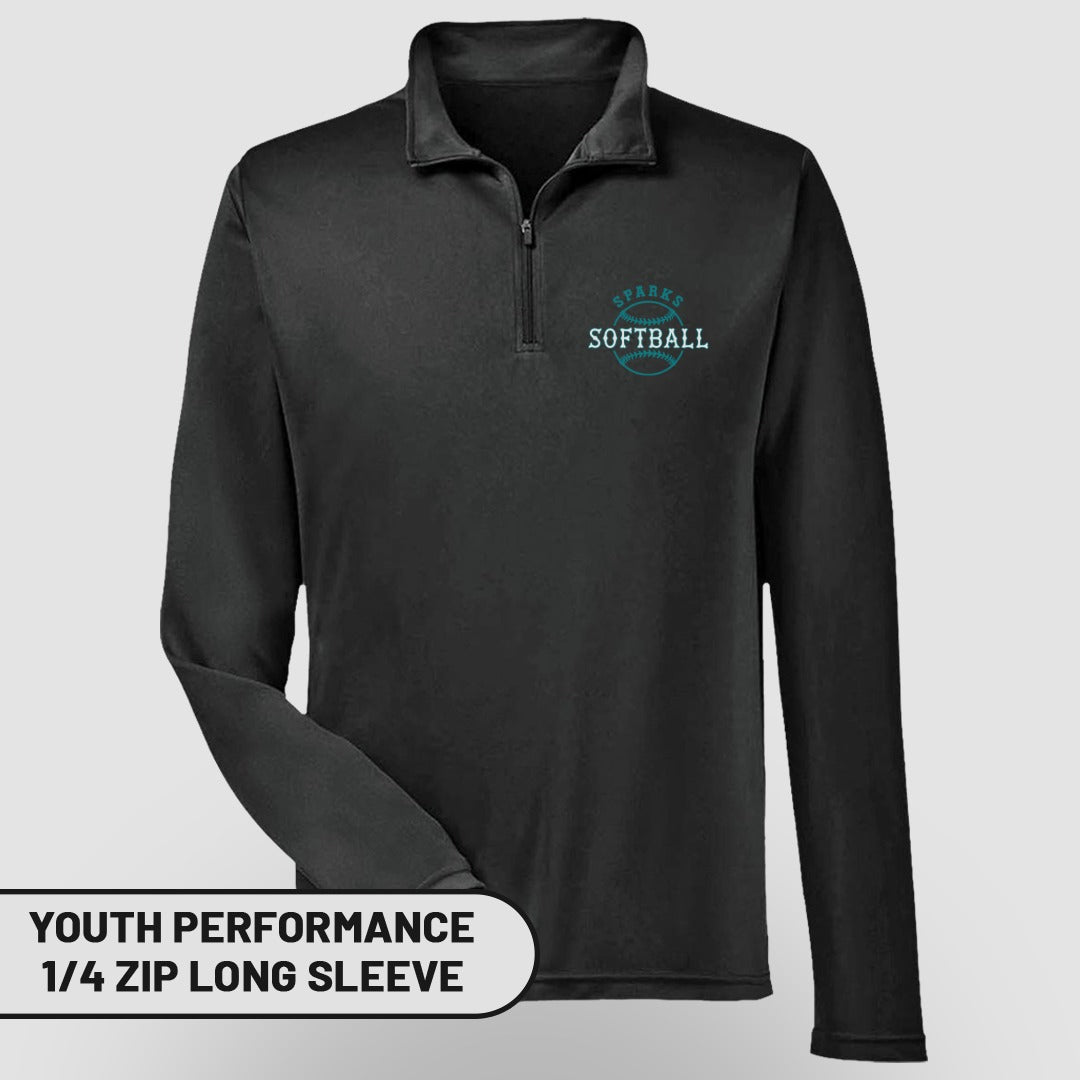 Black youth performance 1/4 zip long sleeve shirt with "Sharks Softball" logo.