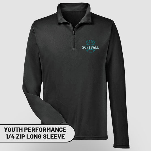 Black youth performance 1/4 zip long sleeve shirt with "Sharks Softball" logo.