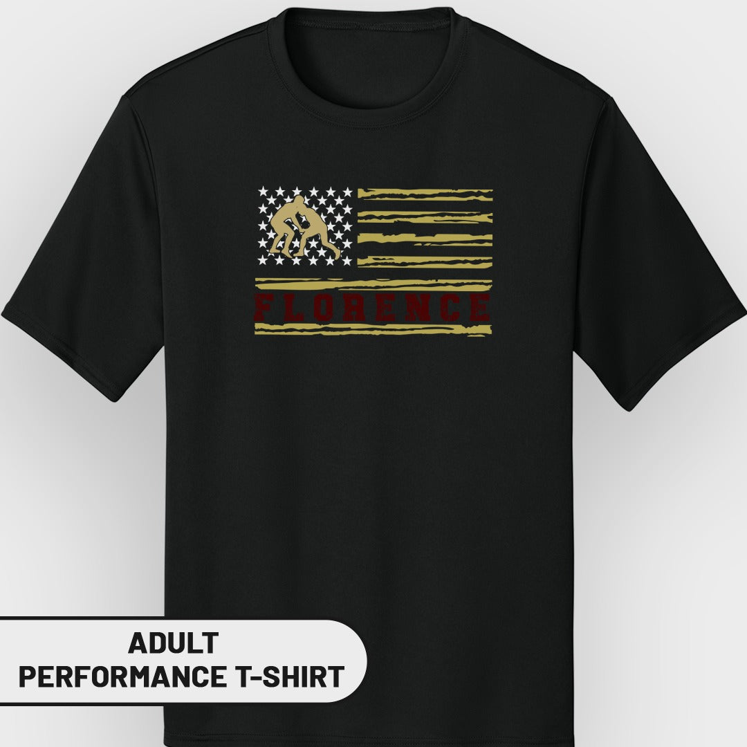 Black t-shirt with distressed American flag graphic featuring wrestlers and "FLORENCE" text.