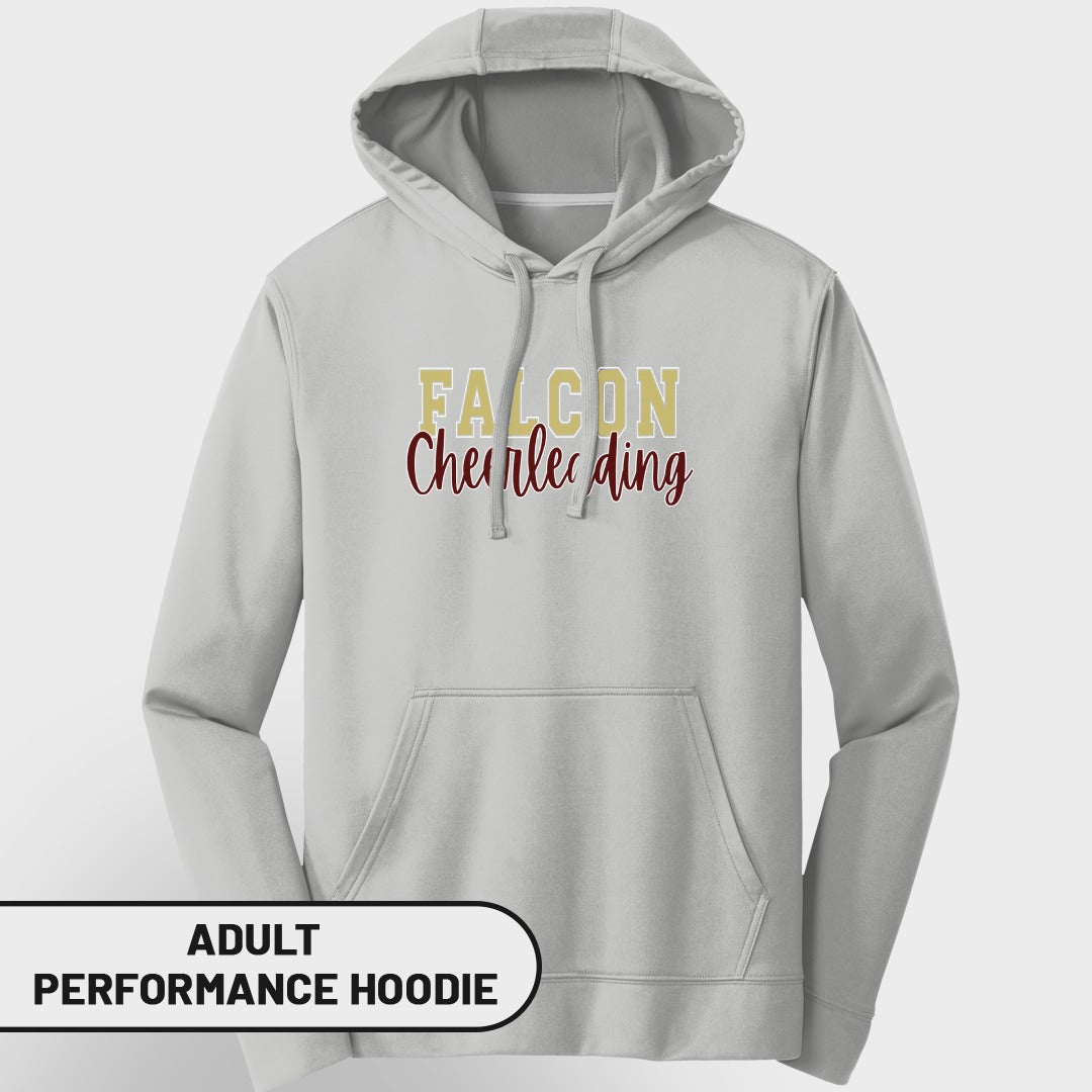 Light grey adult performance hoodie with "FALCON Cheerleading" text.