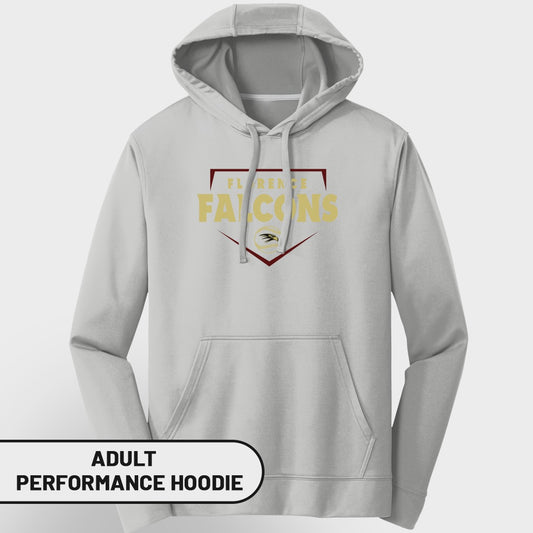 Light gray adult performance hoodie with Florence Falcons logo.